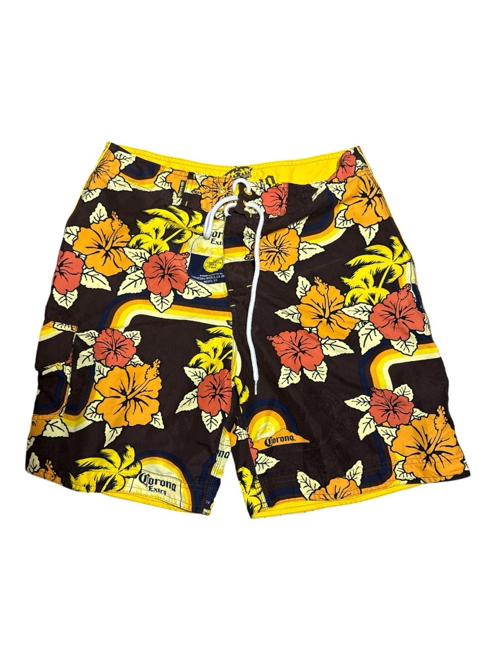 Corona Extra Men’s Floral Hawaiian Board Shorts Size Medium Swim Trunks